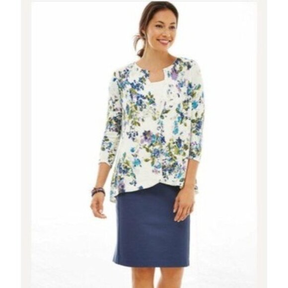 J Jill Cardigan Sweater Pleated Back Floral Button Front White Blue Size Small - Picture 1 of 12